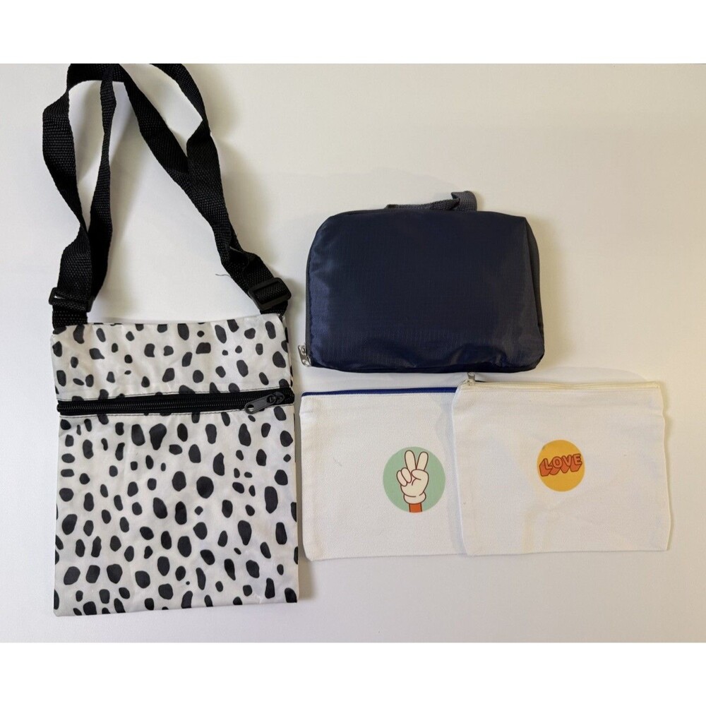 Lot Of 4 Bags 2 Cosmetic Pouches 1 Foldable Backpack & 1 Crossbody Purse Bag